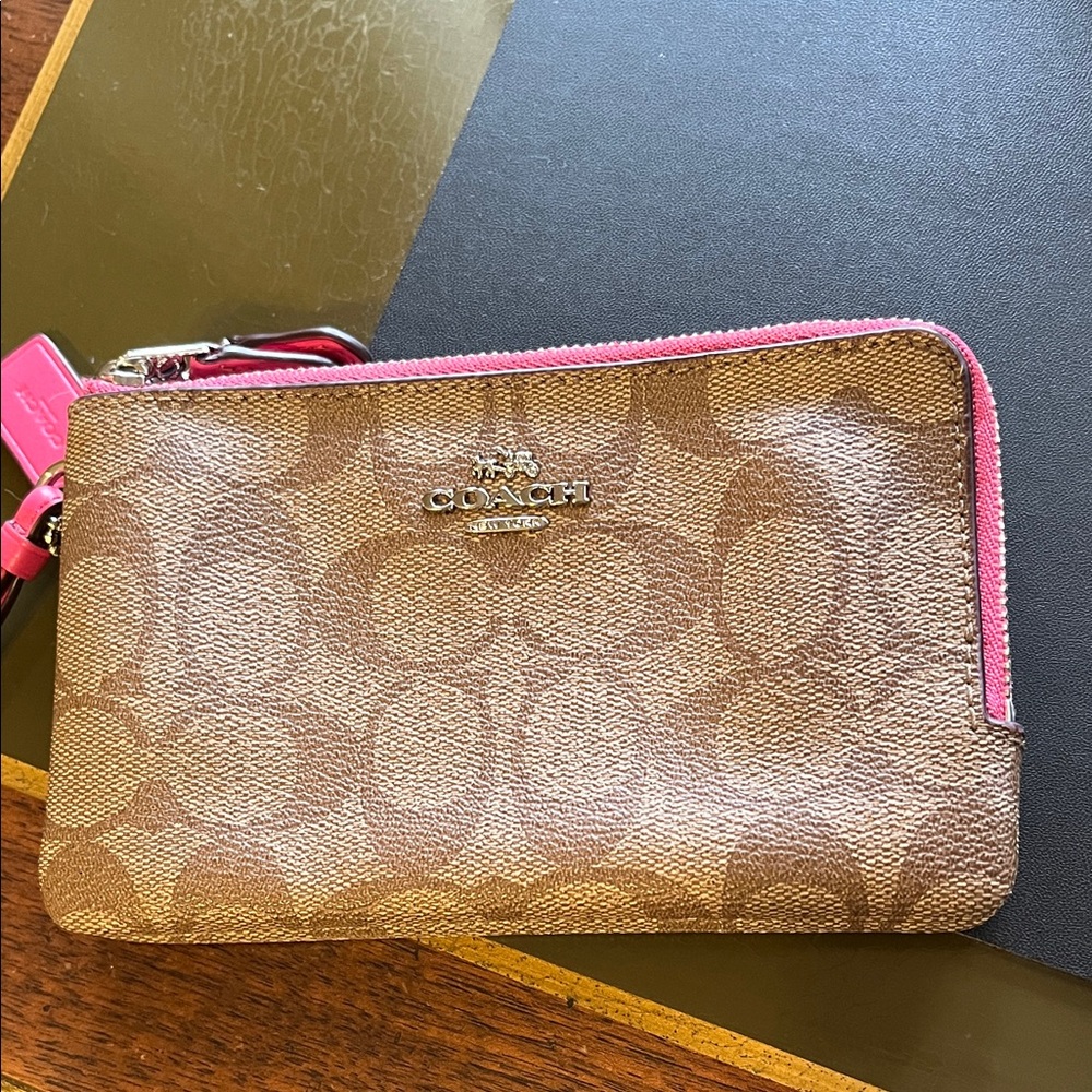 Coach Tan and Pink Double Zip Signature Wristlet with hang tag